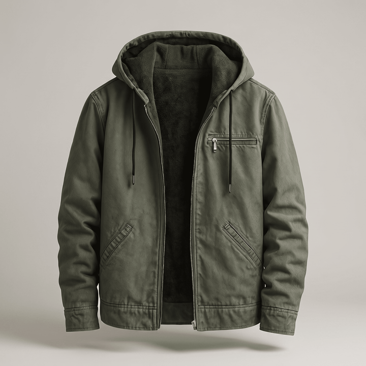 Green lined hooded jacket with zip front, sherpa lining and side pockets