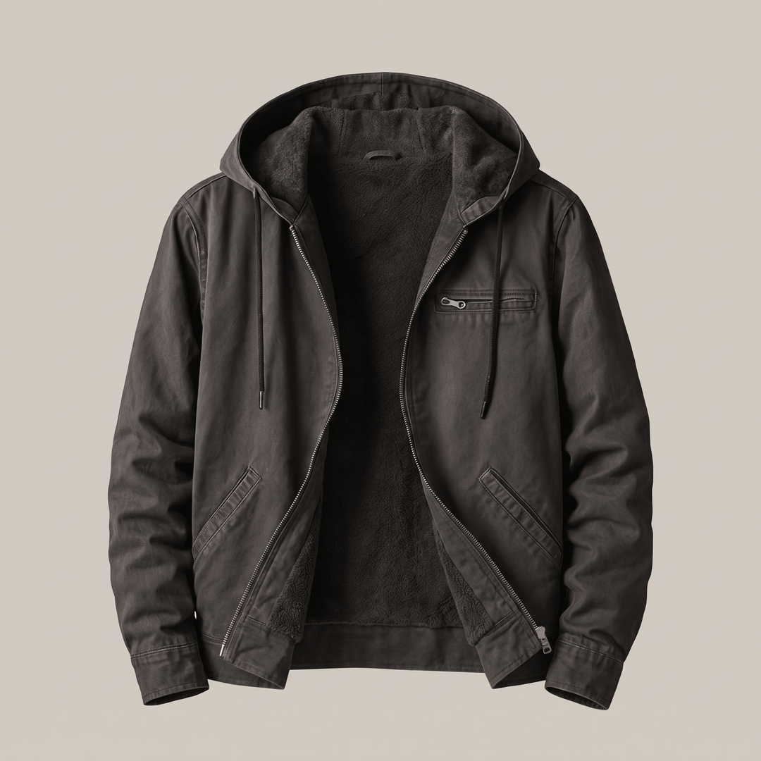 Dark grey lined hooded jacket with zip front and sherpa interior
