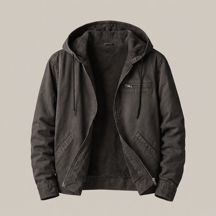 Dark grey lined hooded jacket with zip front and sherpa interior