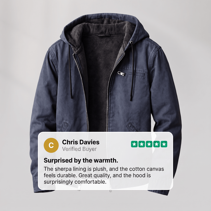 Navy sherpa-lined hooded jacket with zip front and drawstring hood