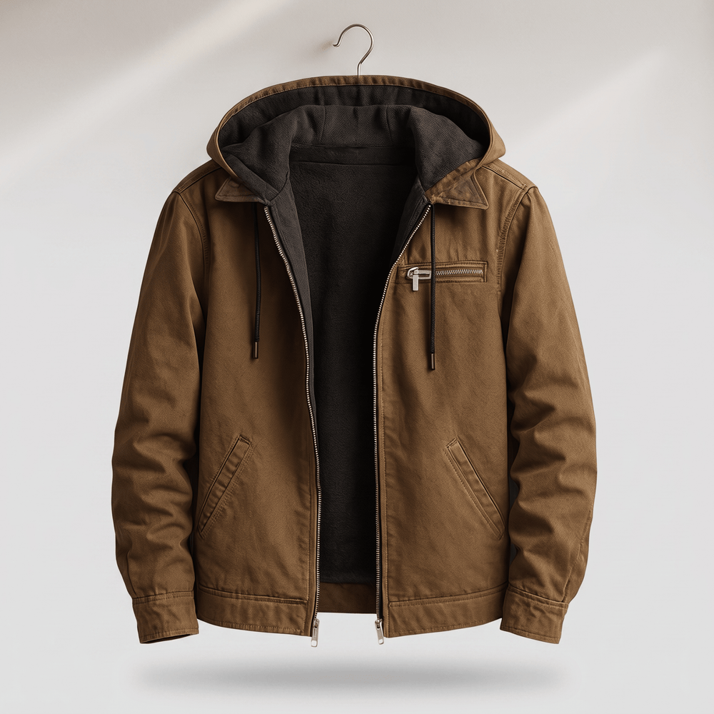 Brown hooded jacket on hanger, zip front, two chest pockets