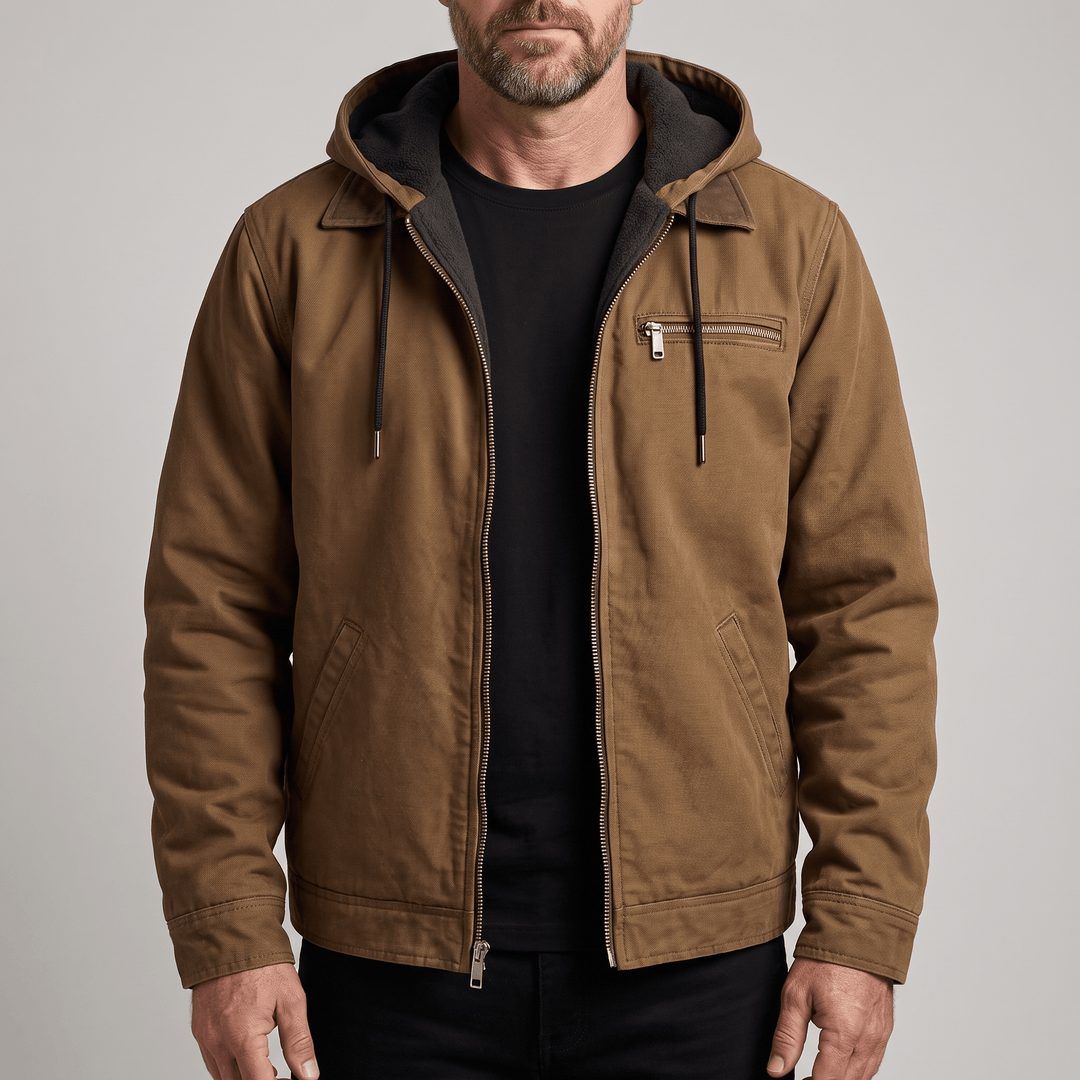 Men's brown lined hooded jacket with zip front and drawstring hood