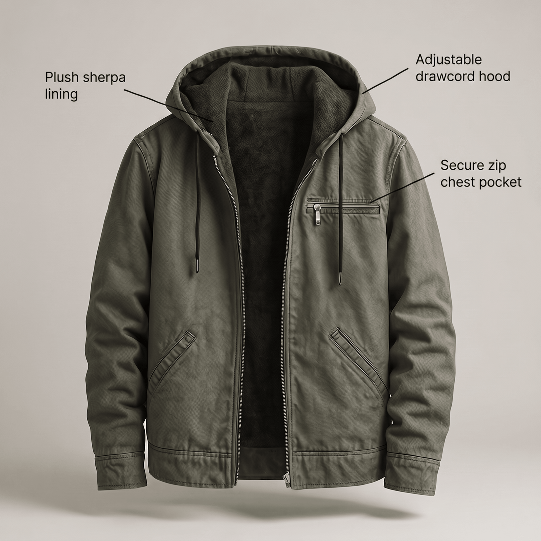 Olive sherpa-lined hooded jacket with adjustable drawcord and zip chest pocket