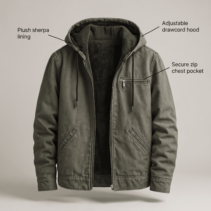 Olive sherpa-lined hooded jacket with adjustable drawcord and zip chest pocket