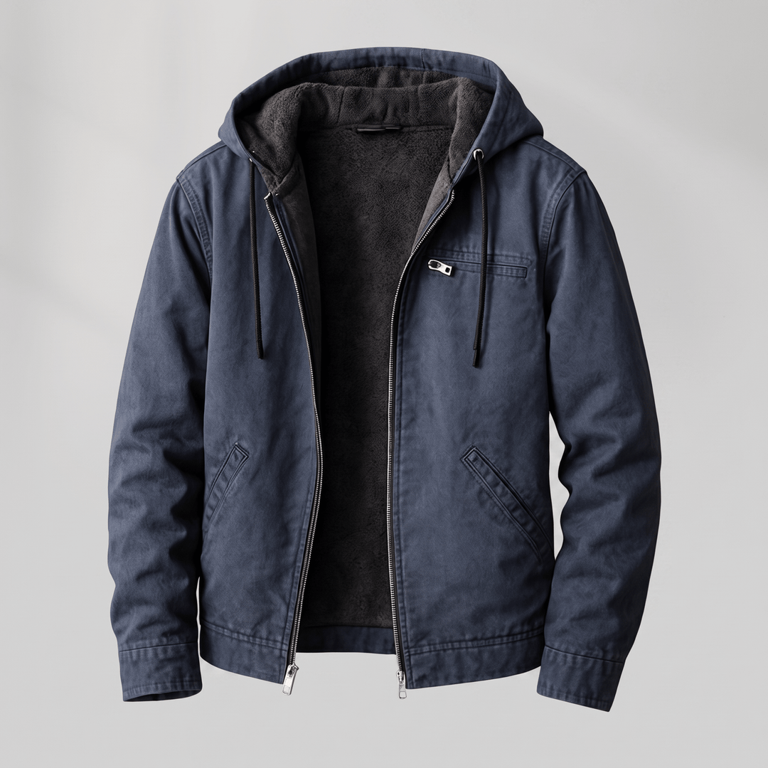 Blue lined hooded jacket with zip front, drawstring hood and chest pocket