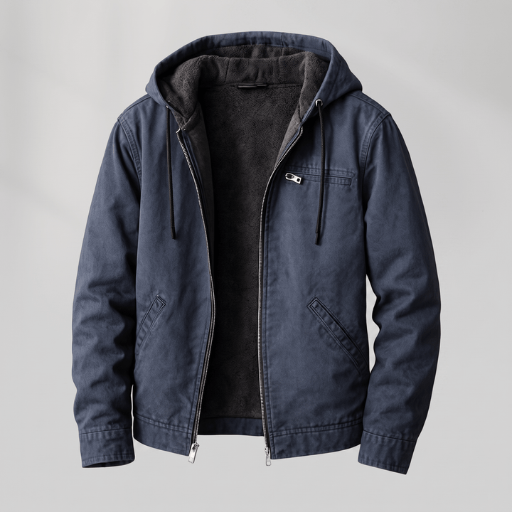 Blue lined hooded jacket with zip front, drawstring hood and chest pocket