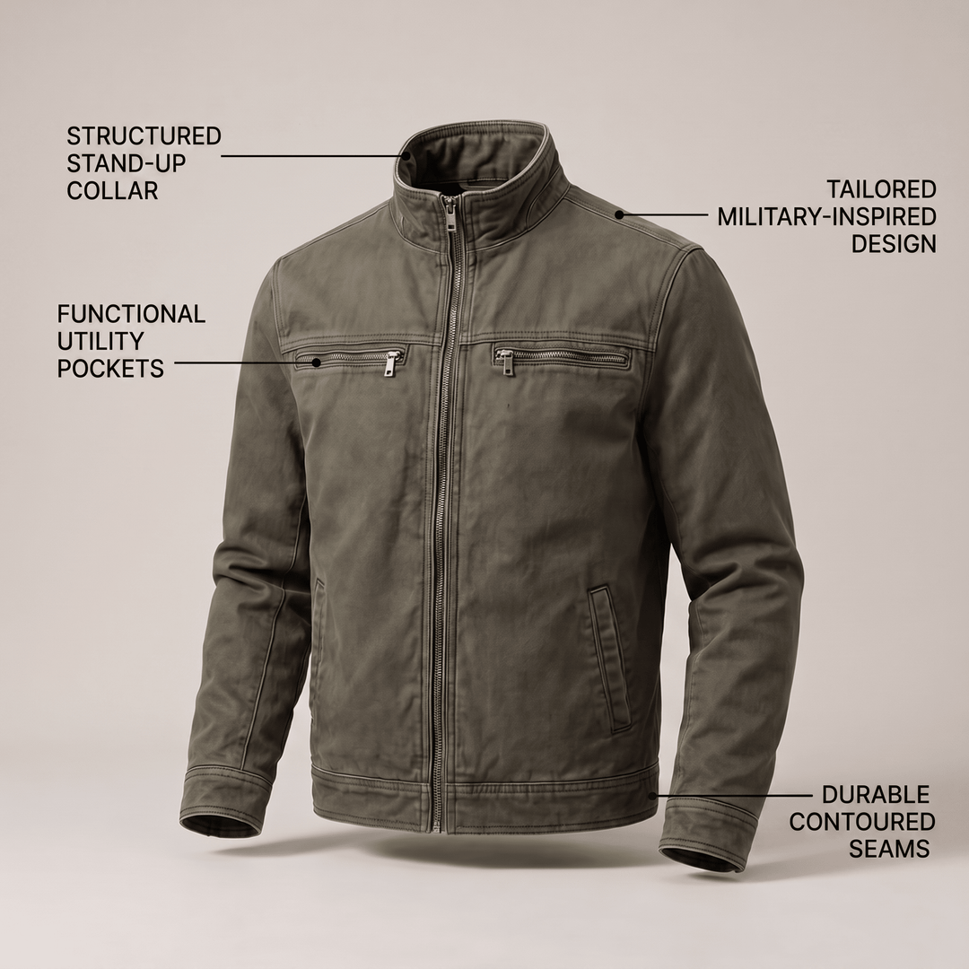 Army green military-style jacket with stand collar and utility chest pockets