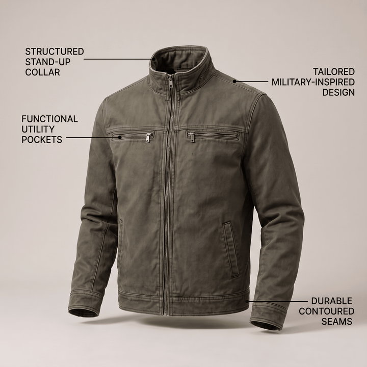 Army green military-style jacket with stand collar and utility chest pockets