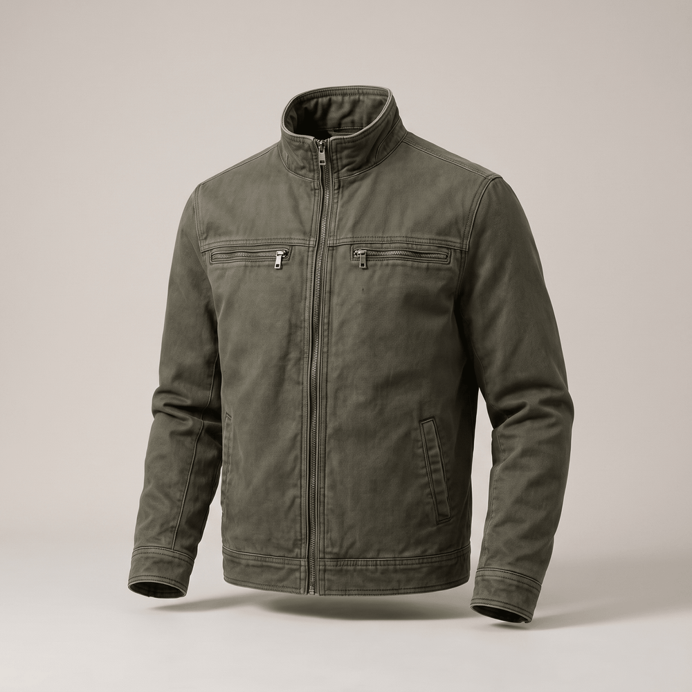 Army green zip-front jacket with stand collar and flap chest pockets