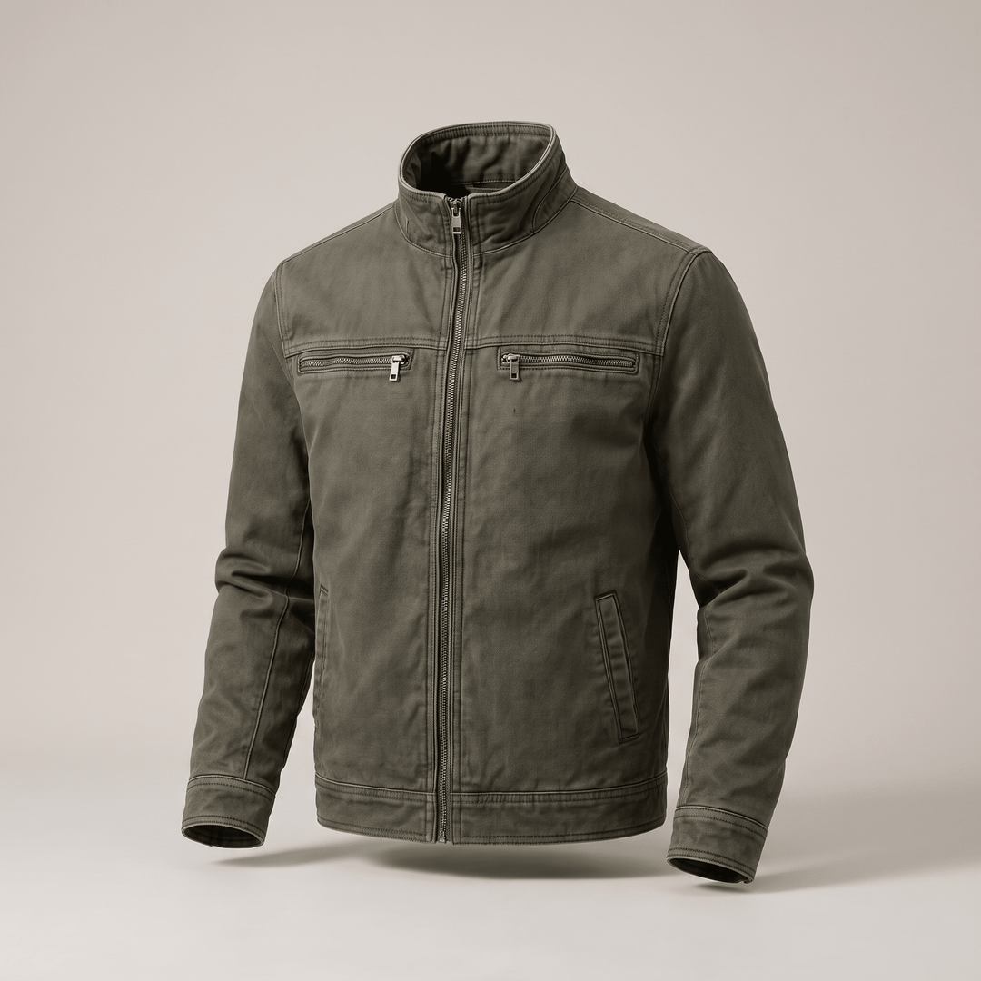 Army green zip-front jacket with stand collar and flap chest pockets