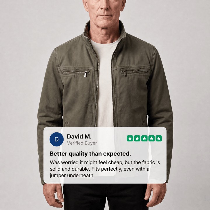 Army green heritage jacket with full zip and two chest pockets
