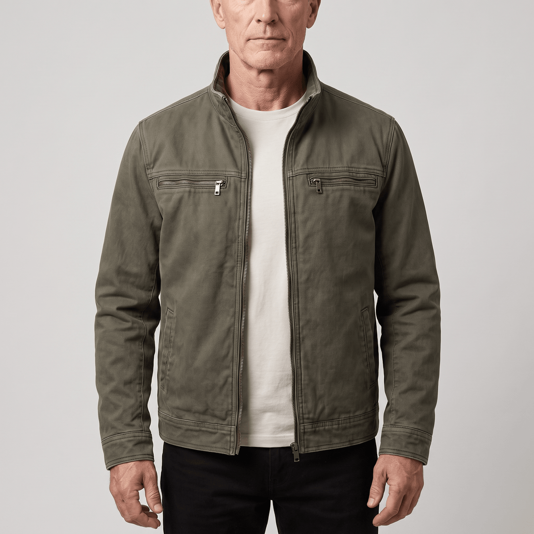 Army green utility jacket with full zip and two chest pockets