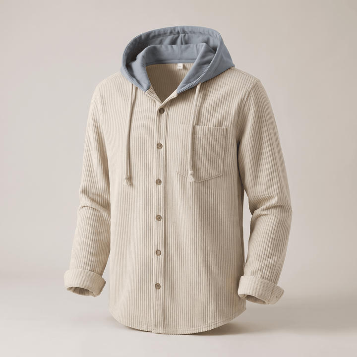 Beige corduroy hoodie shirt with gray hood lining, drawstring ties, and chest pocket
