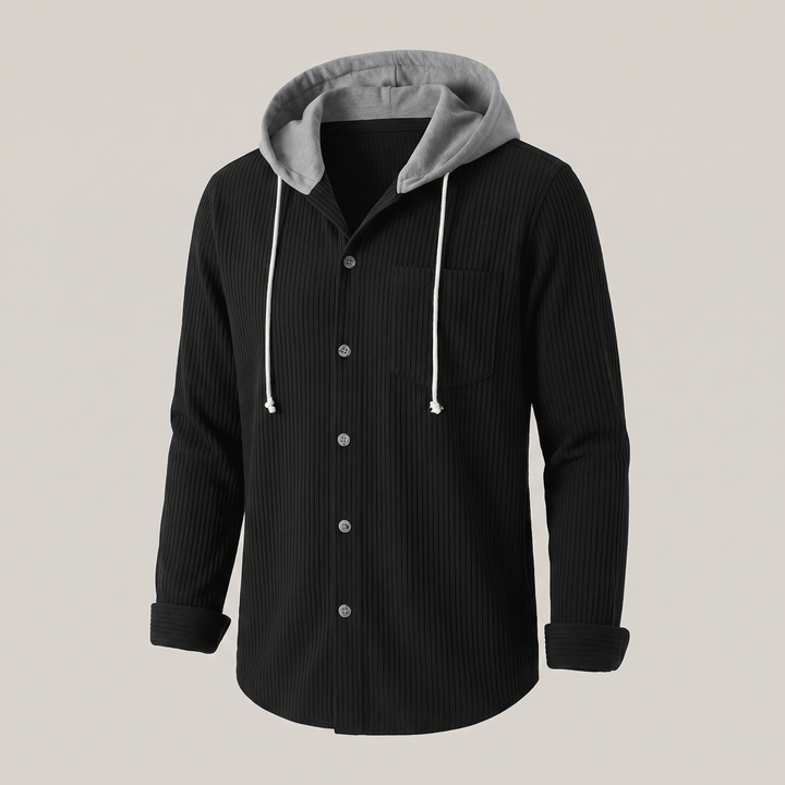 Black corduroy hoodie shirt with drawstring hood and button front, long sleeves