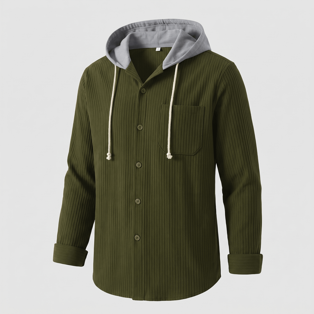 Army green corduroy hoodie shirt with drawstring hood and front button placket
