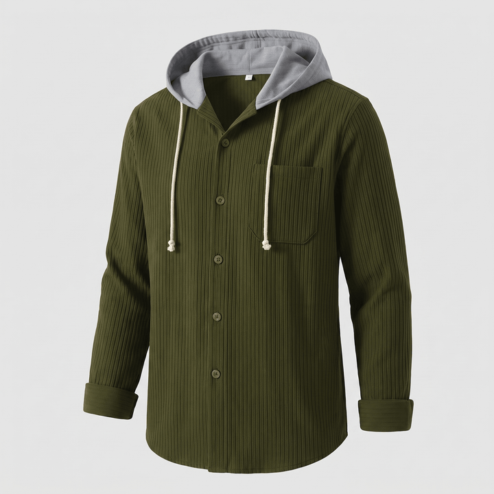 Army green corduroy hoodie shirt with drawstring hood and front button placket