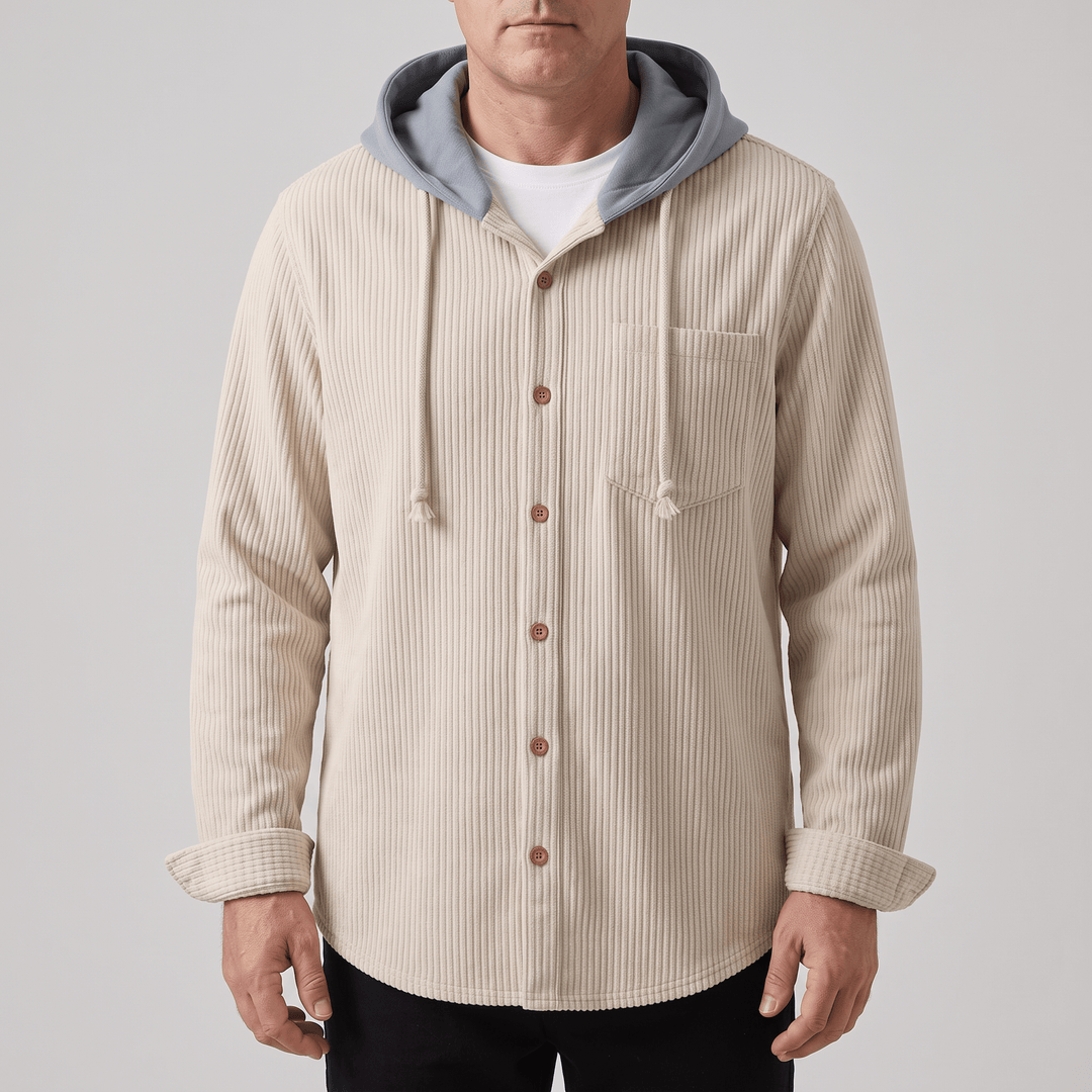 Beige corduroy hoodie shirt with drawstring hood and front button placket, chest pocket