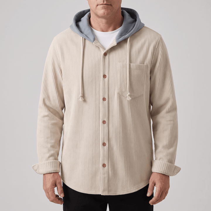 Beige corduroy hoodie shirt with drawstring hood and front button placket, chest pocket