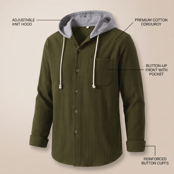 Army green corduroy hoodie shirt with drawstring hood and button cuffs, chest pocket