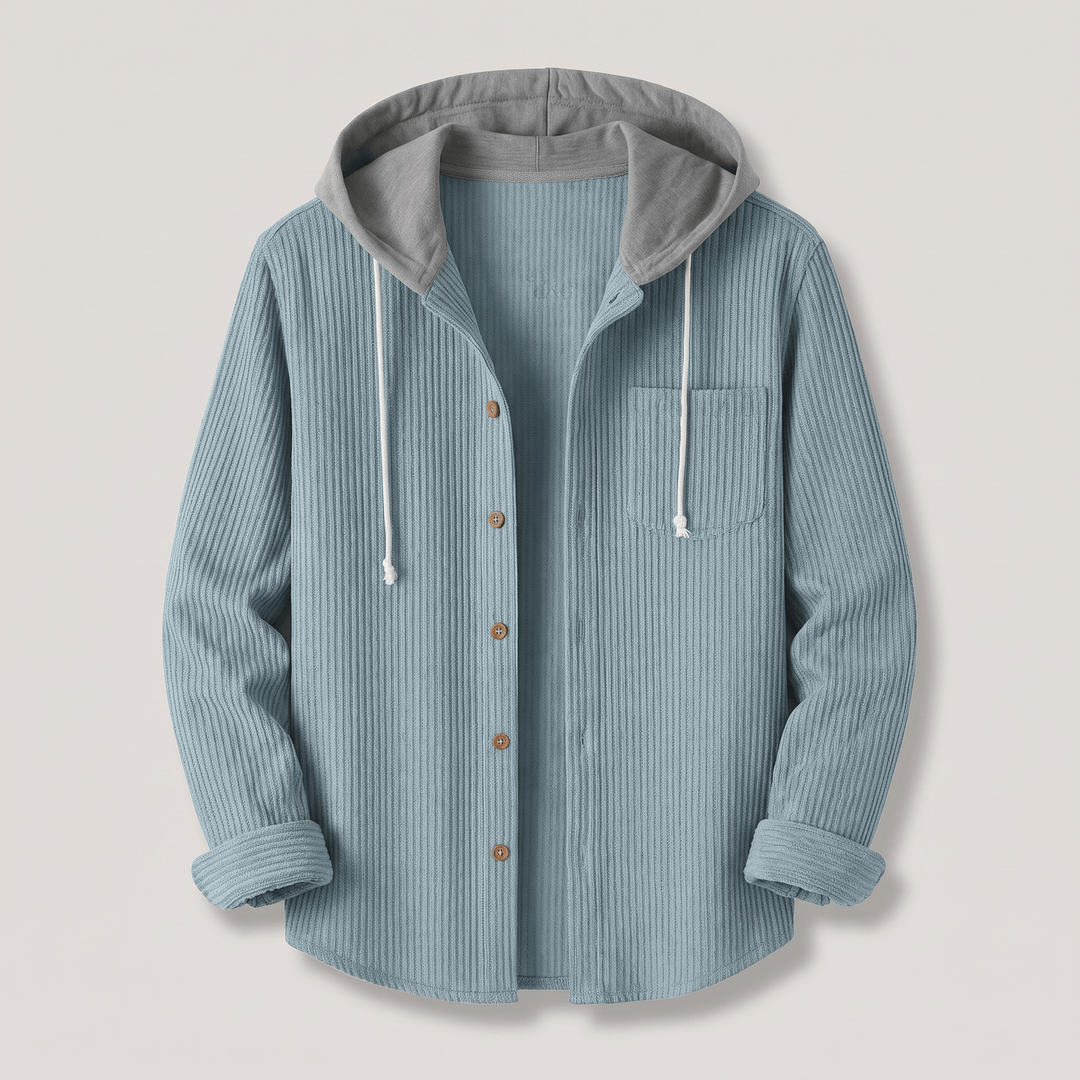 Sky blue corduroy hoodie shirt with drawstring hood, button placket, and chest pocket