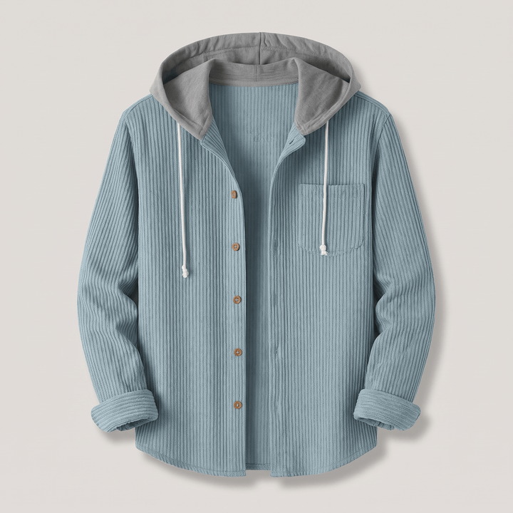 Sky blue corduroy hoodie shirt with drawstring hood, button placket, and chest pocket
