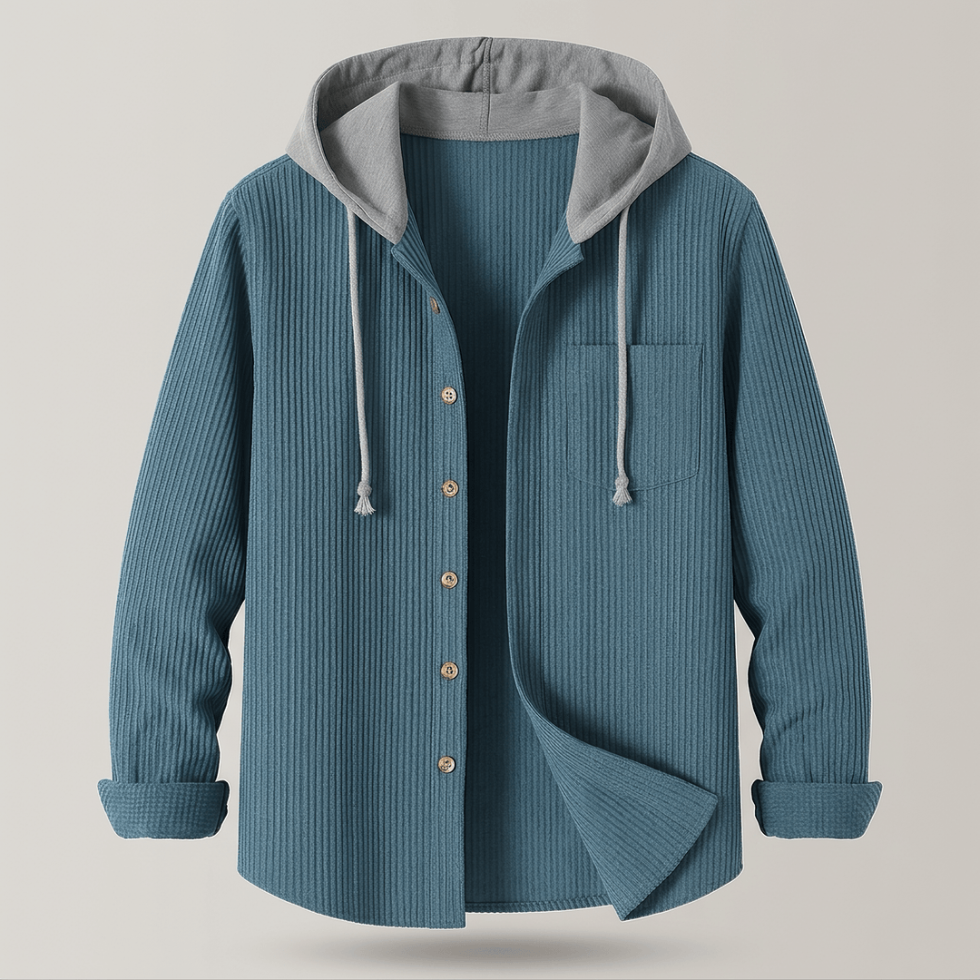 Coastal blue corduroy hoodie shirt with drawstring hood, button front, and chest pocket