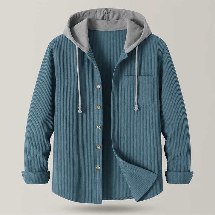 Coastal blue corduroy hoodie shirt with drawstring hood, button front, and chest pocket