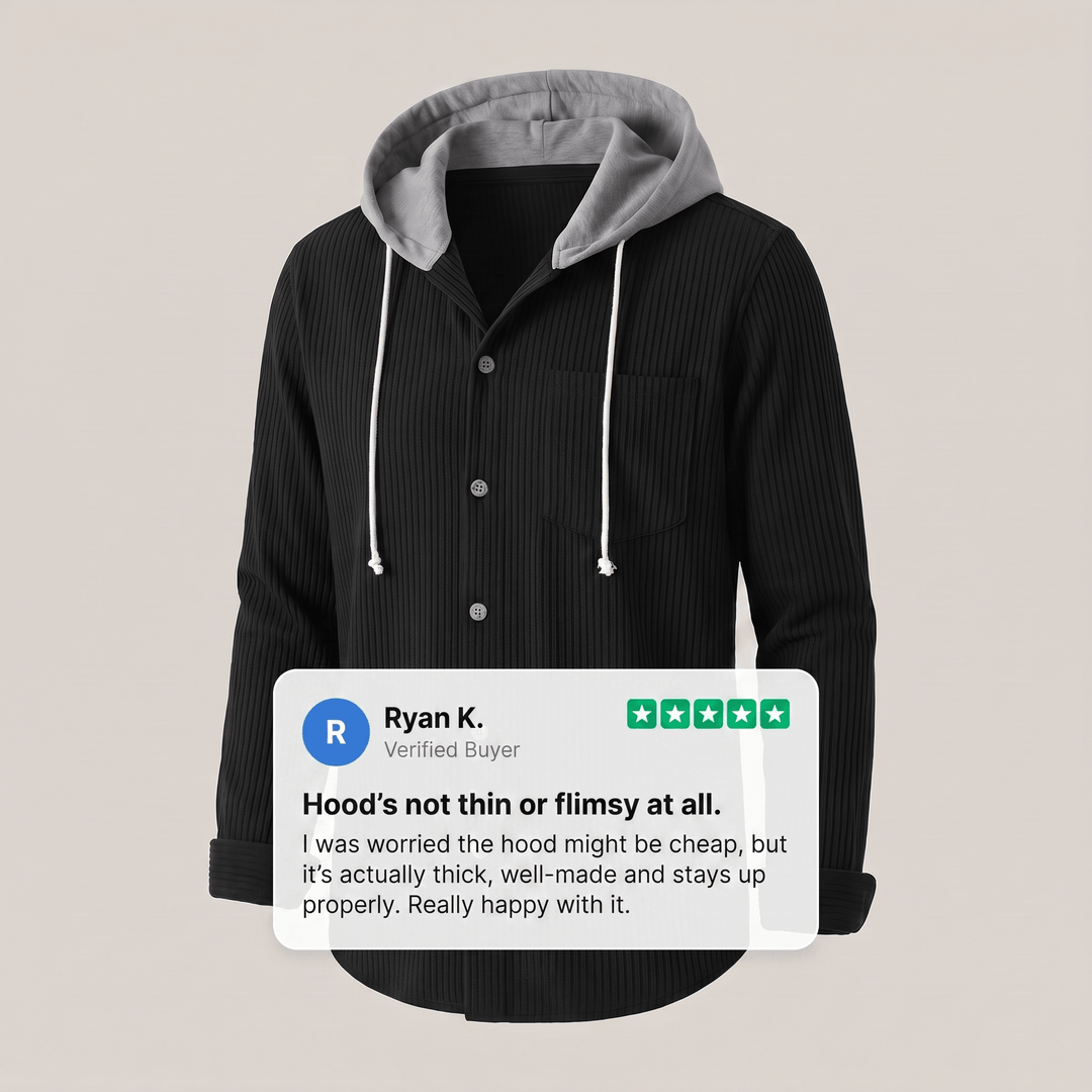Black corduroy hoodie shirt with drawstring hood and front button placket, chest pocket