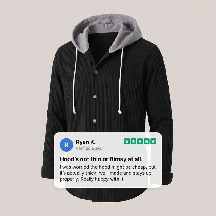 Black corduroy hoodie shirt with drawstring hood and front button placket, chest pocket