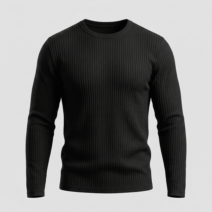 Ribbed crewneck sweater in black, long sleeves with vertical rib knit texture.