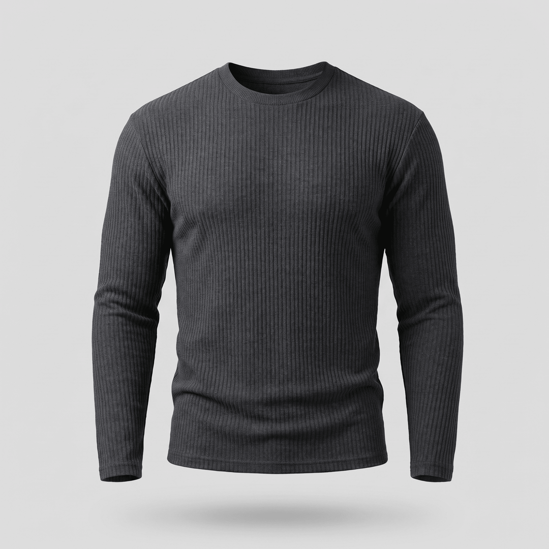 Ribbed crewneck sweater in charcoal grey, long sleeves with vertical rib knit texture.