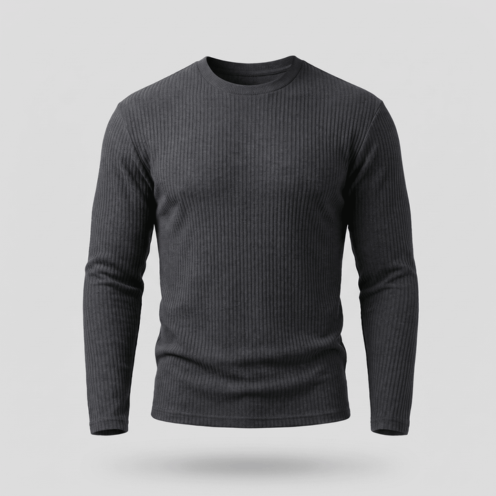 Ribbed crewneck sweater in charcoal grey, long sleeves with vertical rib knit texture.