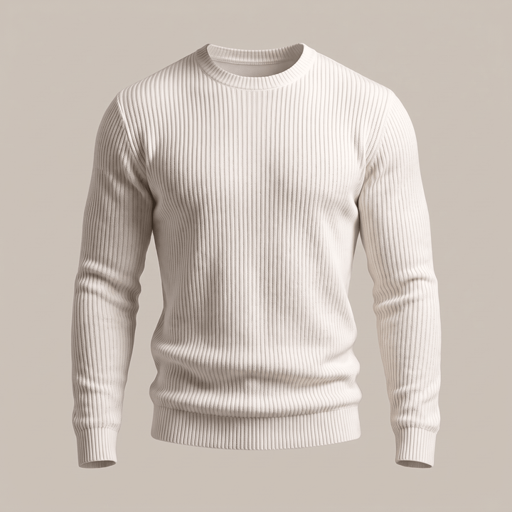 Ribbed crewneck sweater in off-white, long sleeves with vertical knit texture.