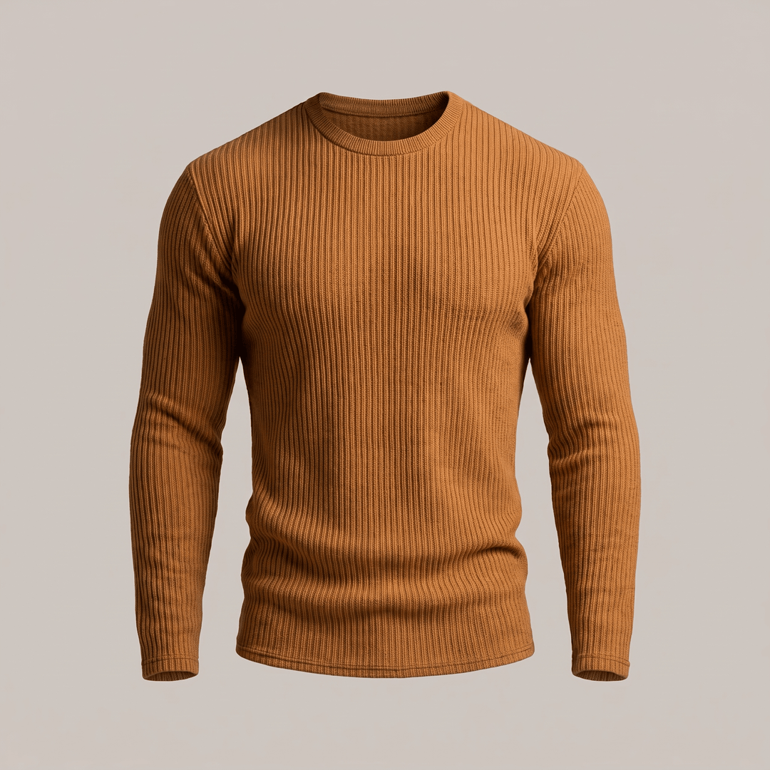 Ribbed crewneck sweater in brown, long sleeves with vertical rib knit texture.