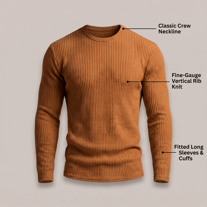 Brown fine-gauge ribbed crewneck sweater with vertical rib knit, fitted long sleeves.