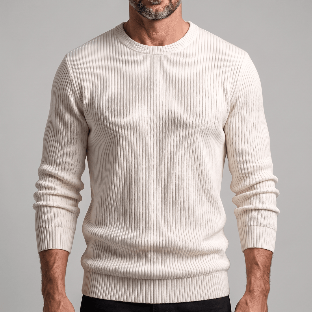 Ribbed crewneck sweater in off-white, long sleeves with vertical knit texture.