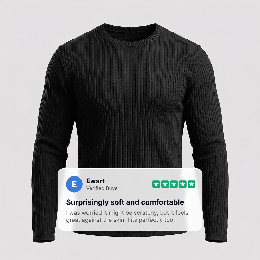 Black ribbed crewneck sweater with long sleeves and vertical knit texture.