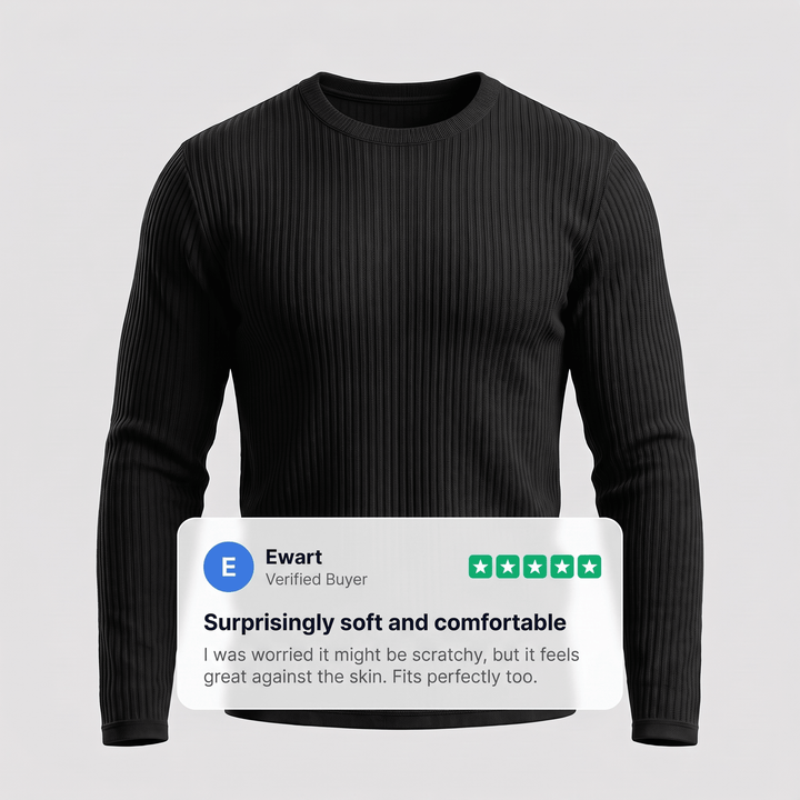 Black ribbed crewneck sweater with long sleeves and vertical knit texture.