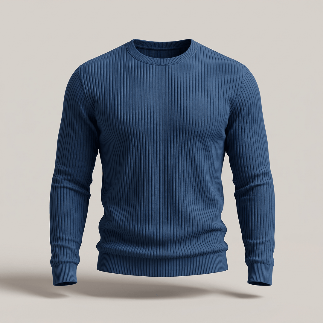 Ribbed crewneck sweater in blue, long sleeves with vertical rib knit texture.