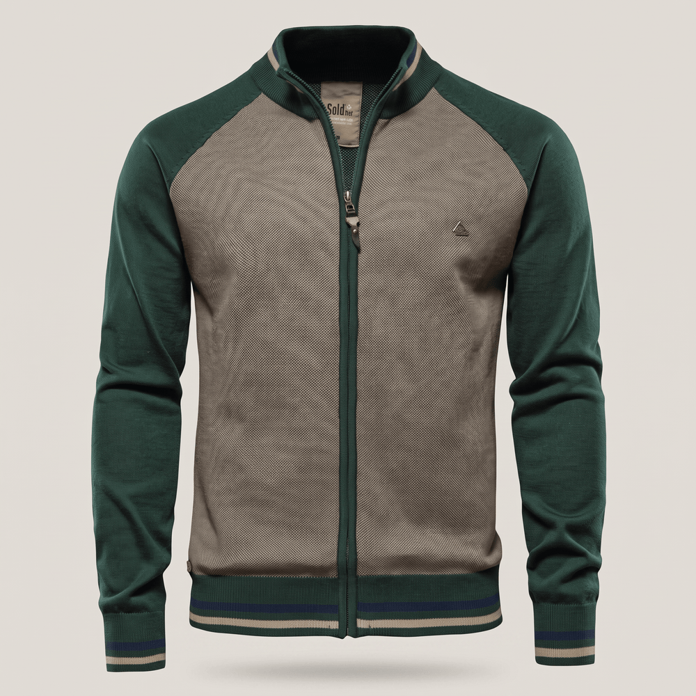Men's ELLIOTT SMART COMFORT zip jacket, beige knit body with green sleeves and stripes