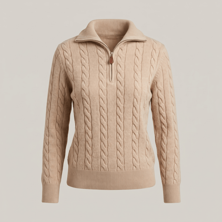 Light beige cable-knit half-zip sweater with ribbed collar and cuffs