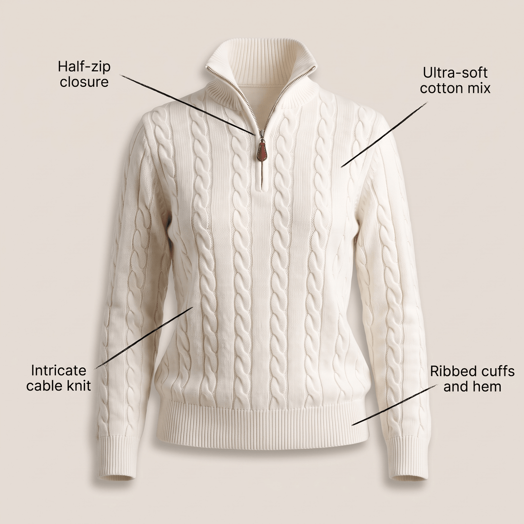 White cable-knit half-zip sweater with textured cable knit, ribbed hem and cuffs