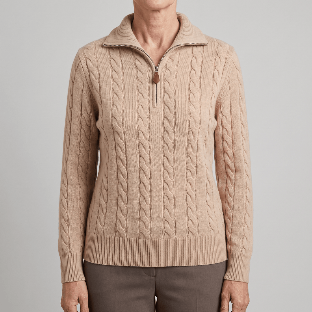 Light beige cable-knit half-zip sweater with ribbed cuffs and hem