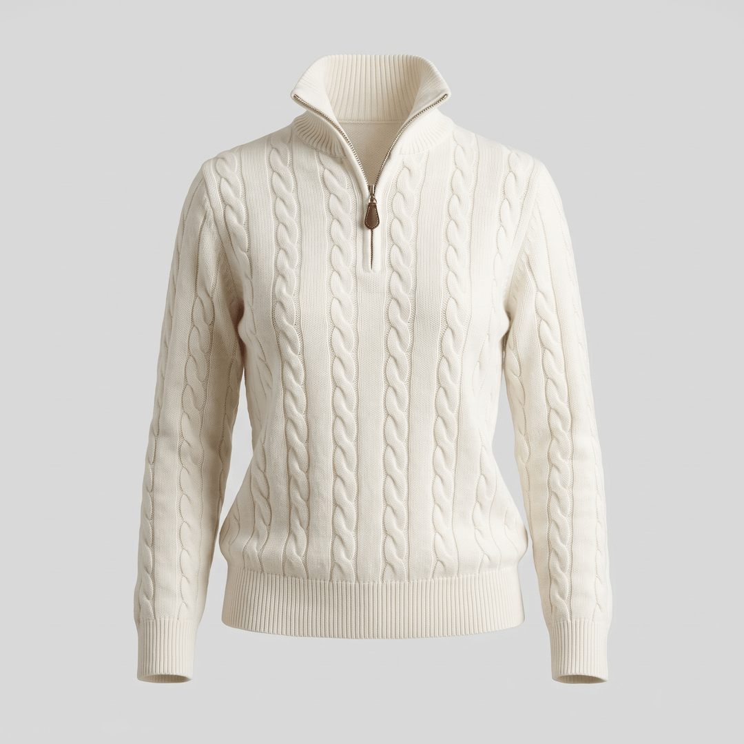 White cable-knit half-zip sweater with ribbed cuffs and hem