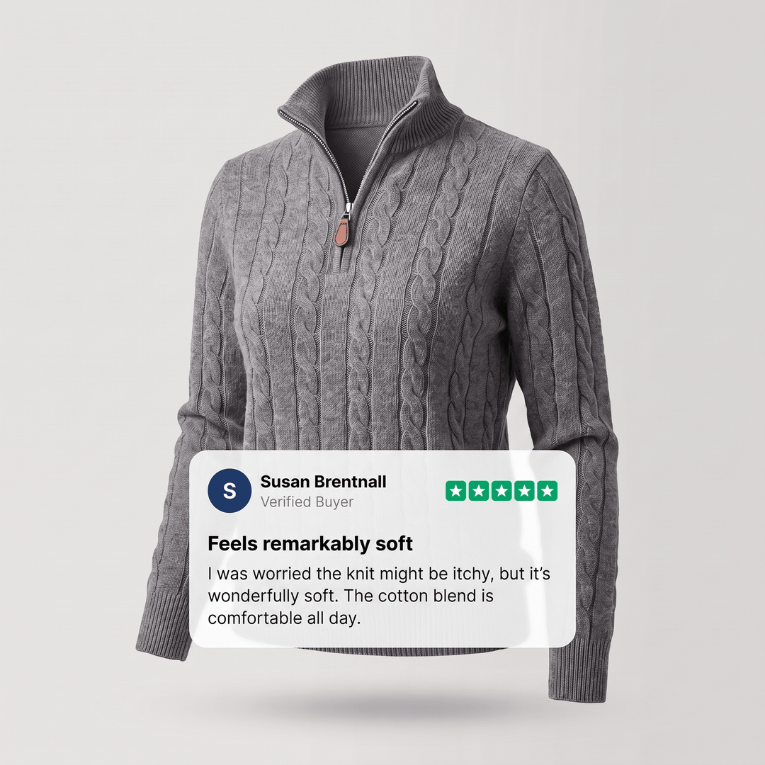 Dark grey cable-knit half-zip sweater with ribbed cuffs and hem