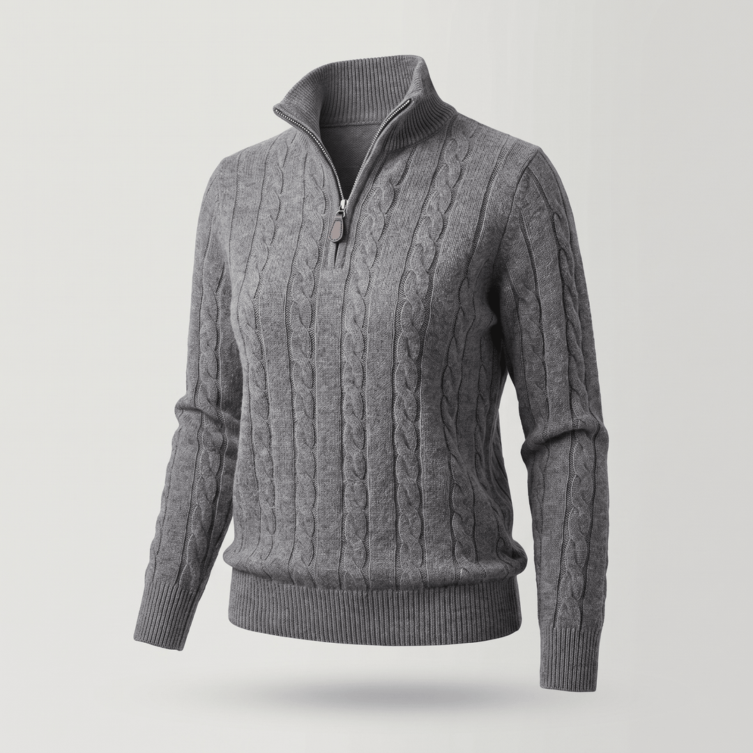 Dark grey cable-knit half-zip sweater with ribbed collar, cuffs, and hem