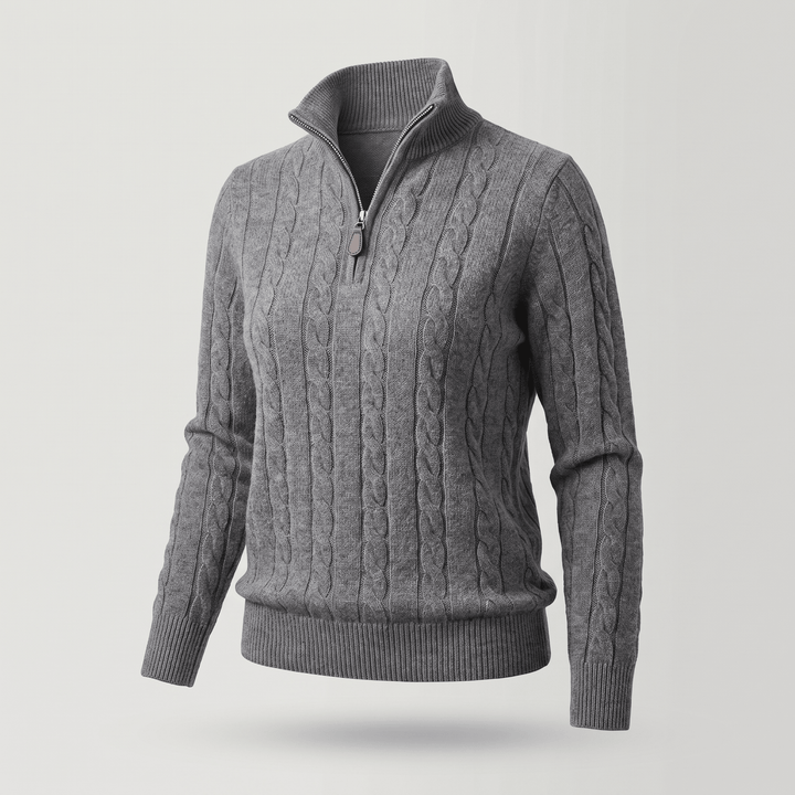 Dark grey cable-knit half-zip sweater with ribbed collar, cuffs, and hem