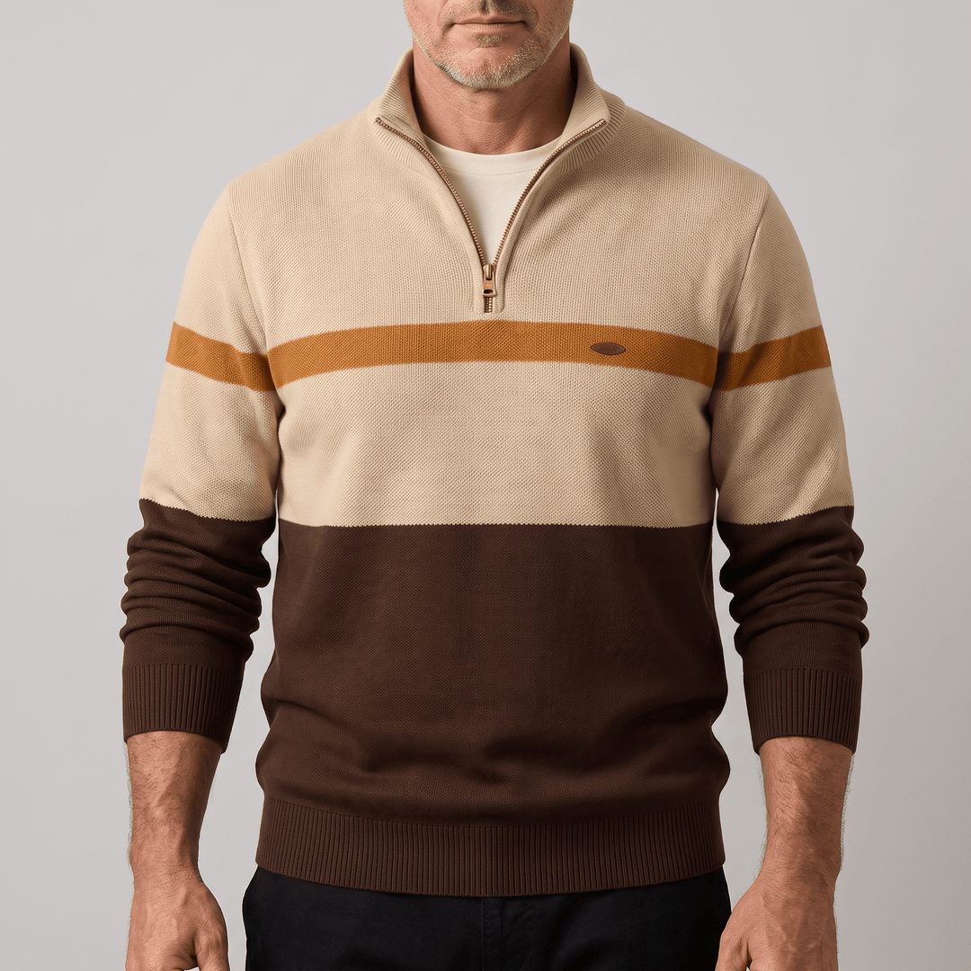 Men's quarter-zip knit sweater, tan and dark brown with orange stripe and ribbed cuffs