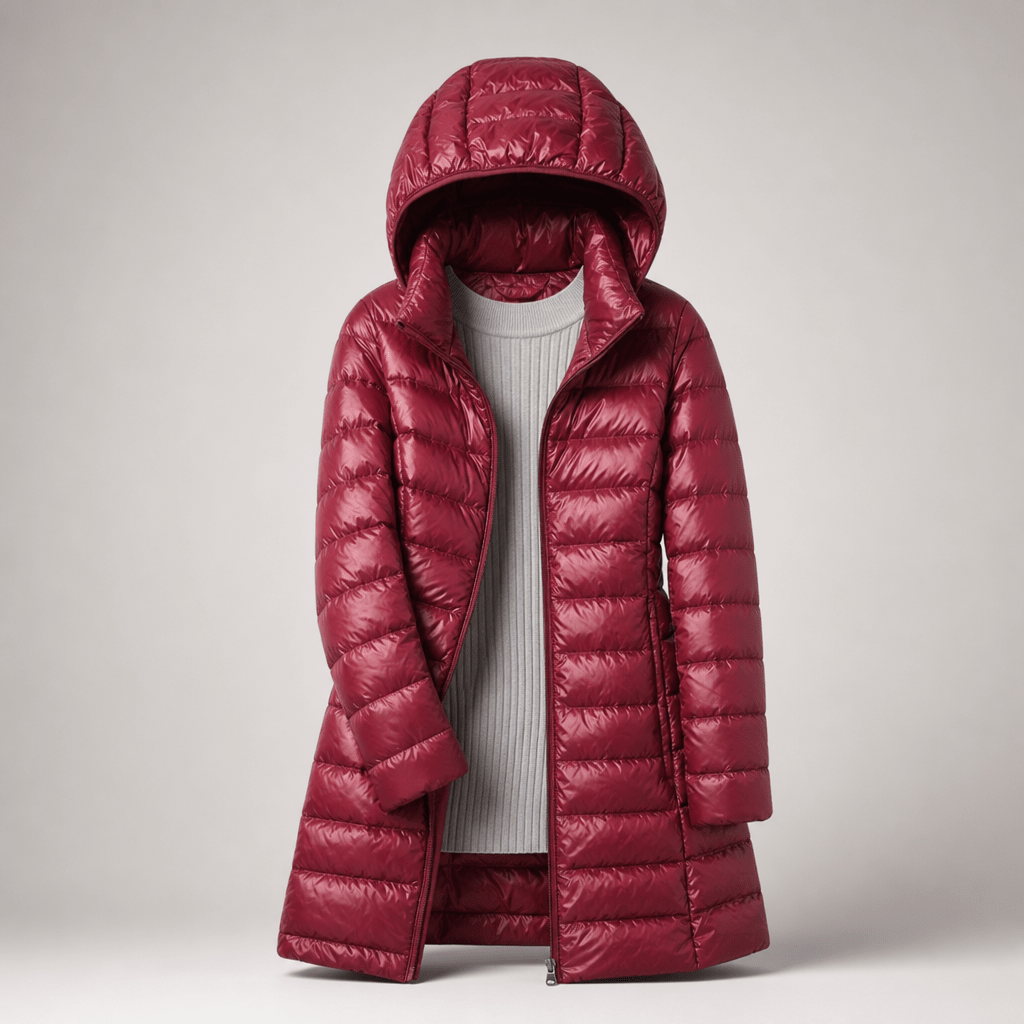 Ultralight down jacket in deep red with hood and full-zip, long coat length.
