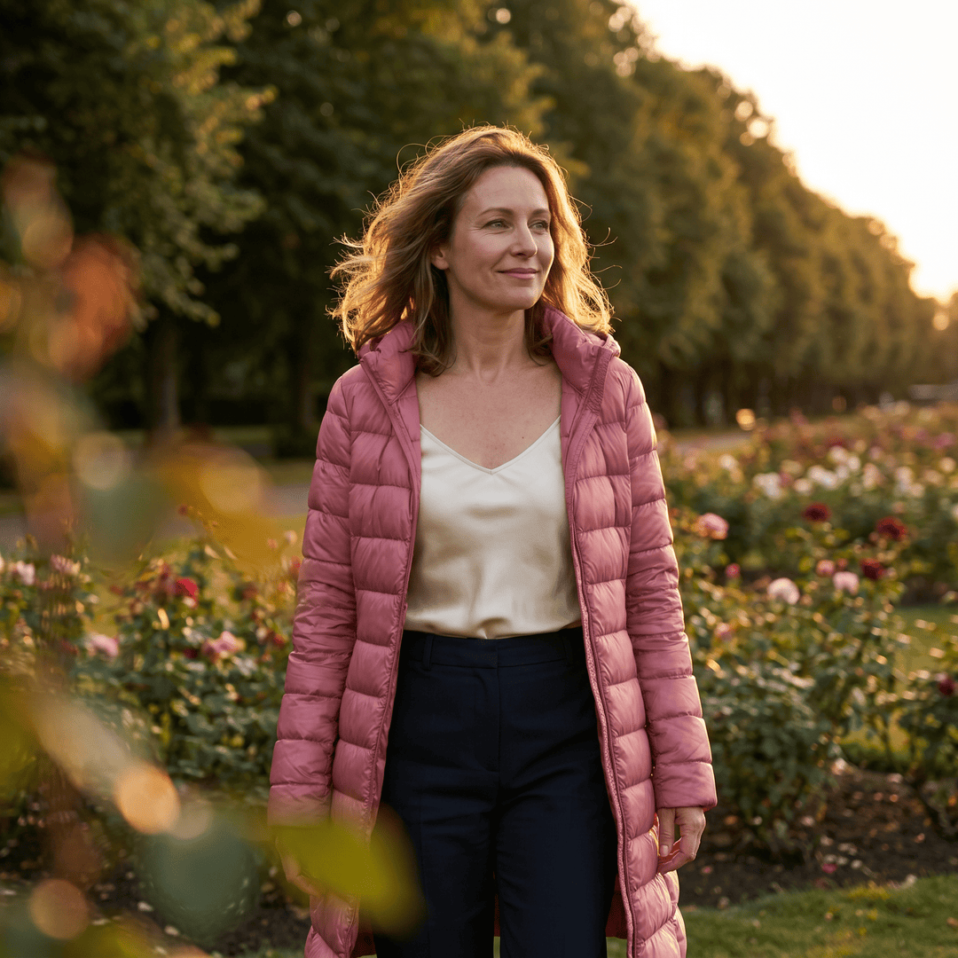 Women’s hooded ultralight down jacket in pink, full-zip with smooth baffle quilting.